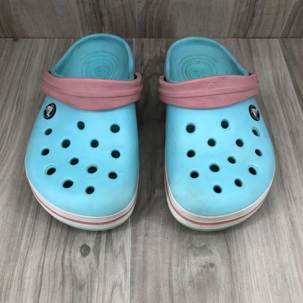 Crocs Clogs Kids 3 Crocband Light Blue Pink Slip On Rubber Shoes